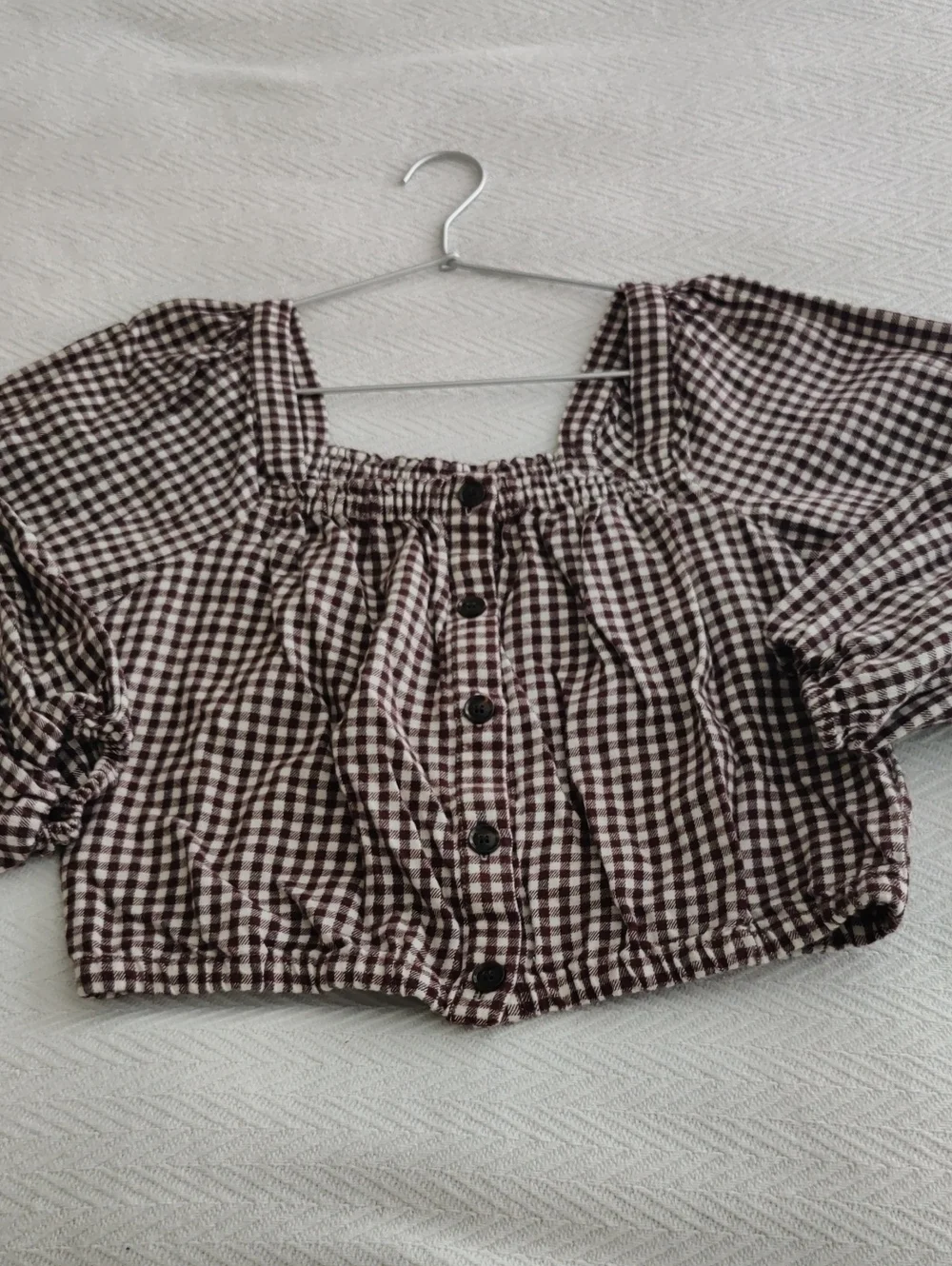 Madewell Brown Gingham Puff-Sleeve Crop Top Small